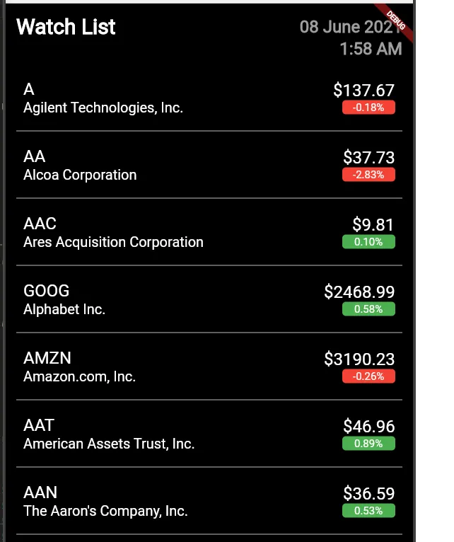 Flutter series — Implementing stock market watch list UI — figure 1