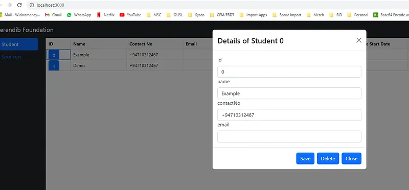 Now when we run the application and click on a button in a row we will get something like this