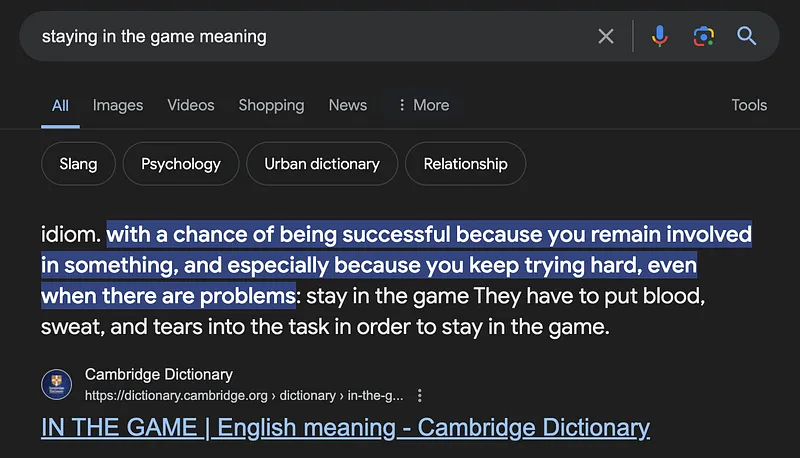 Staying in the game is a very interesting concept, mostly for software engineers it’s a great lifestyle to follow. This is the google result I got :P