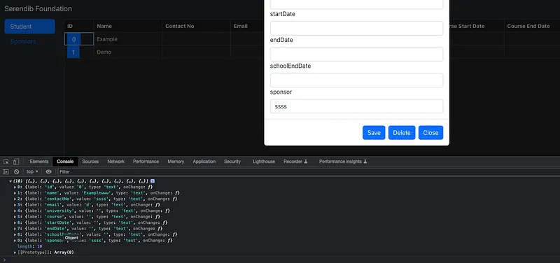 Console log form data