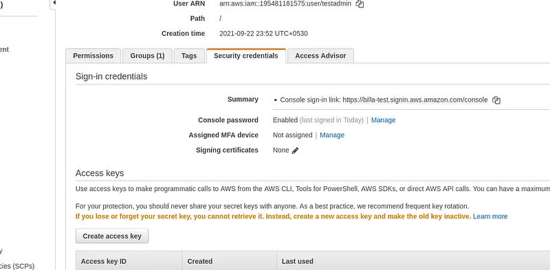 - First go to the Users section in IAM and click on the created user then in the next screen click on the Security credentials section