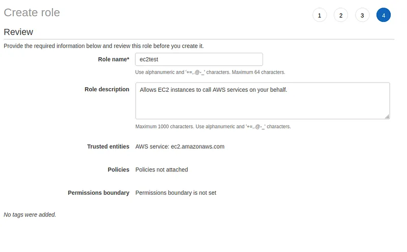 Now in the next view we can add tags but i’m skipping it. So in the final view we have to give the role name