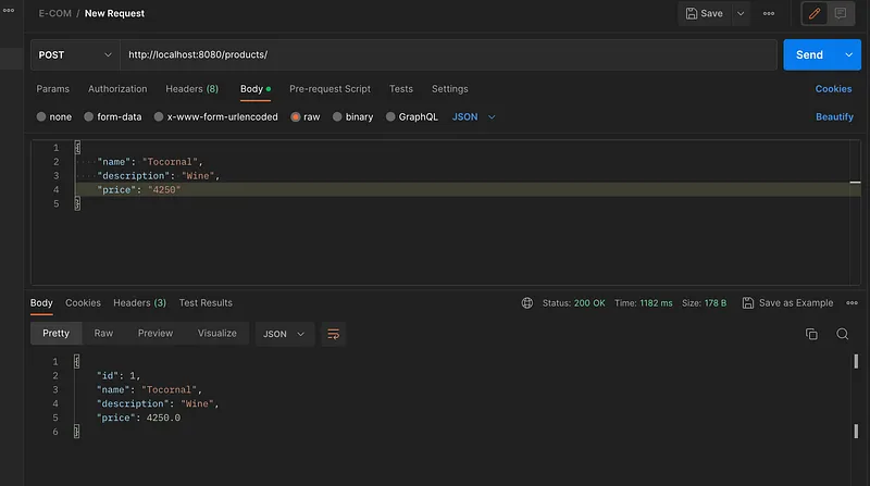 To add new products we can use Postman like this
