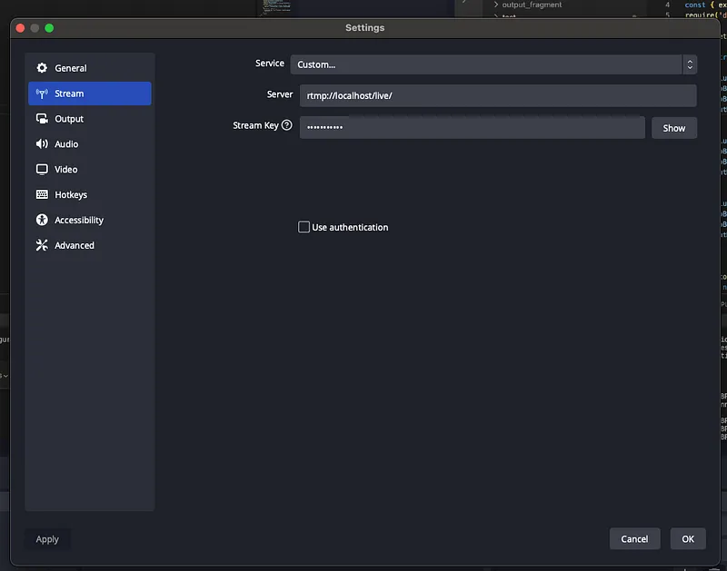 Go to OBS and in settings select streams and change the settings like this. In our case, stream key is STREAMNAME