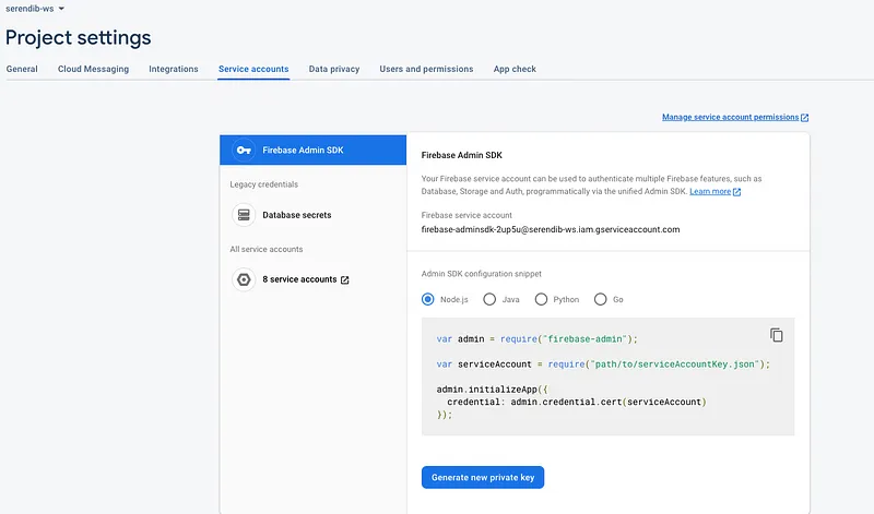 And then go to the service account section, you will get the Node JS code you need