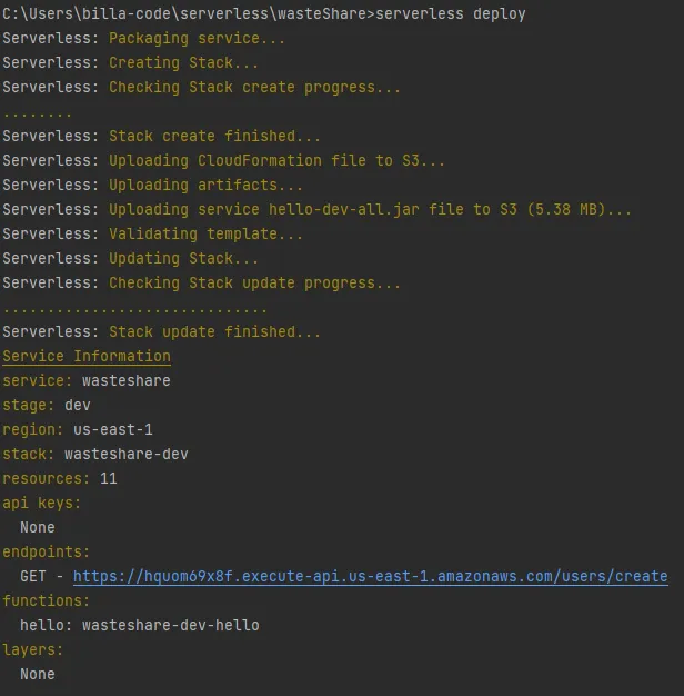 Now the function will be uploaded in to a S3 bucket and function will be ready to test. After deploy we will get a response like this in the terminal