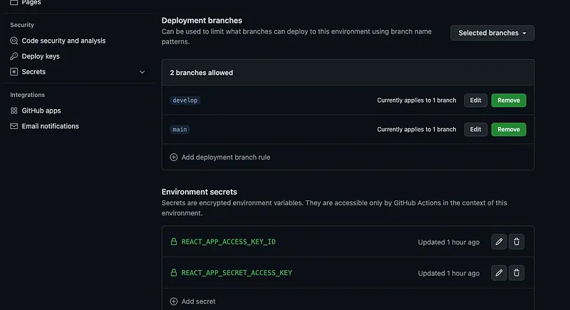 Now let’s add the secret keys in Github. Go to the Github settings and you will find a section called environments there. Go to environments and add secrets like this