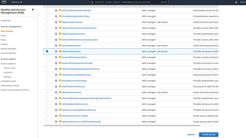 Now in the attach permission policies there is a search bar and in it type admin and find the Administrative access policy set and select it