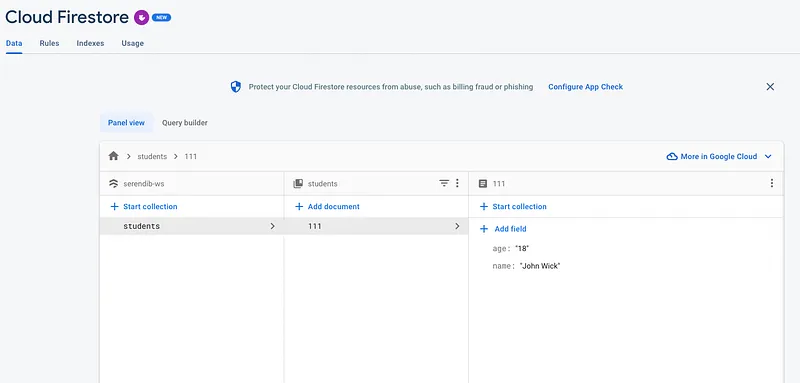 Now go to the console and check the firestore database. There you can see newly added data like this