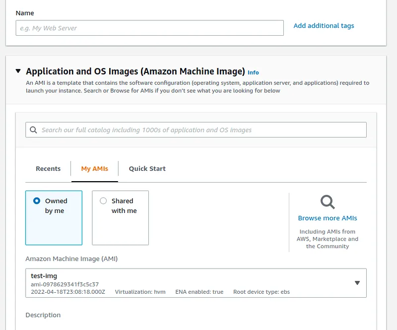 Then give a name and create the AMI. Now go to launch instance and create a new EC2. Here for the AMI use the AMI you created as follow,