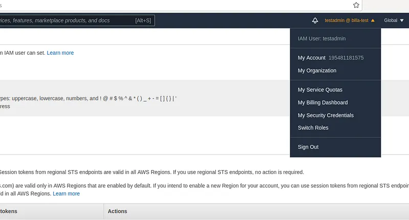 To add multi factor authentication click on the user name in menu bar and click on the My security credentials tab