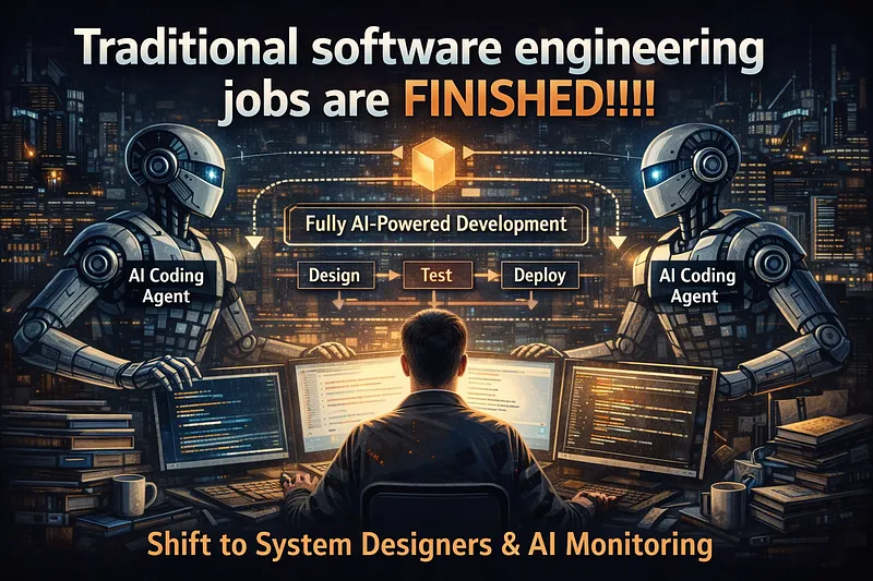 Illustration of a developer at a multi-monitor desk flanked by two AI coding agents, with a design-test-deploy pipeline labelled fully AI-powered development running between them.