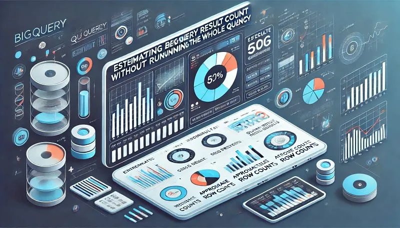 Stylised illustration of BigQuery dashboards, charts, and storage volumes.