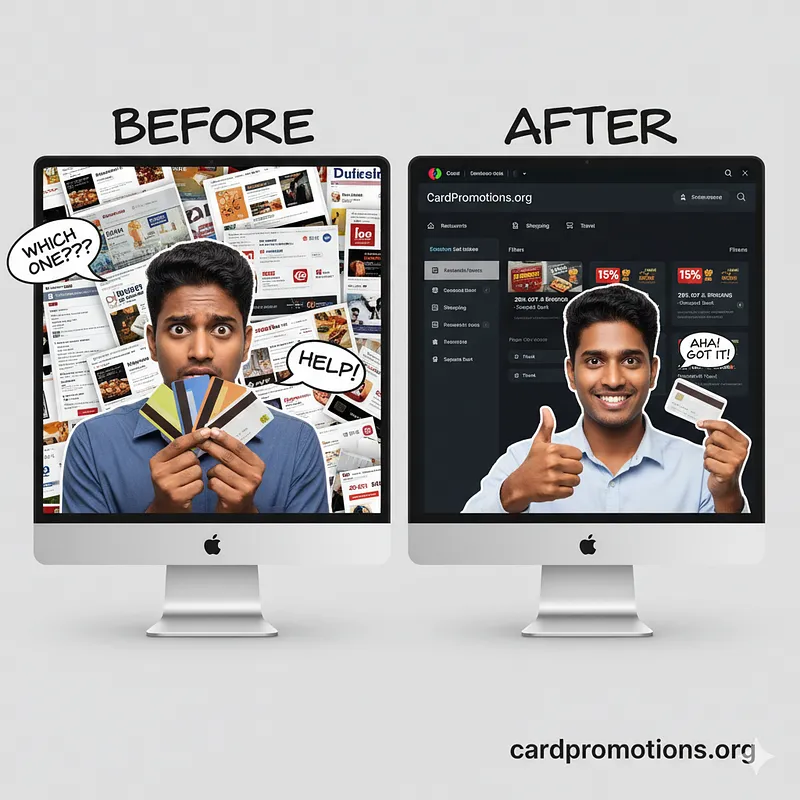 Before-and-after comparison: on the left a shopper faces a wall of bank promotion pages holding a fan of credit cards, on the right the CardPromotions.org dashboard lists the matching offers for a single chosen card.