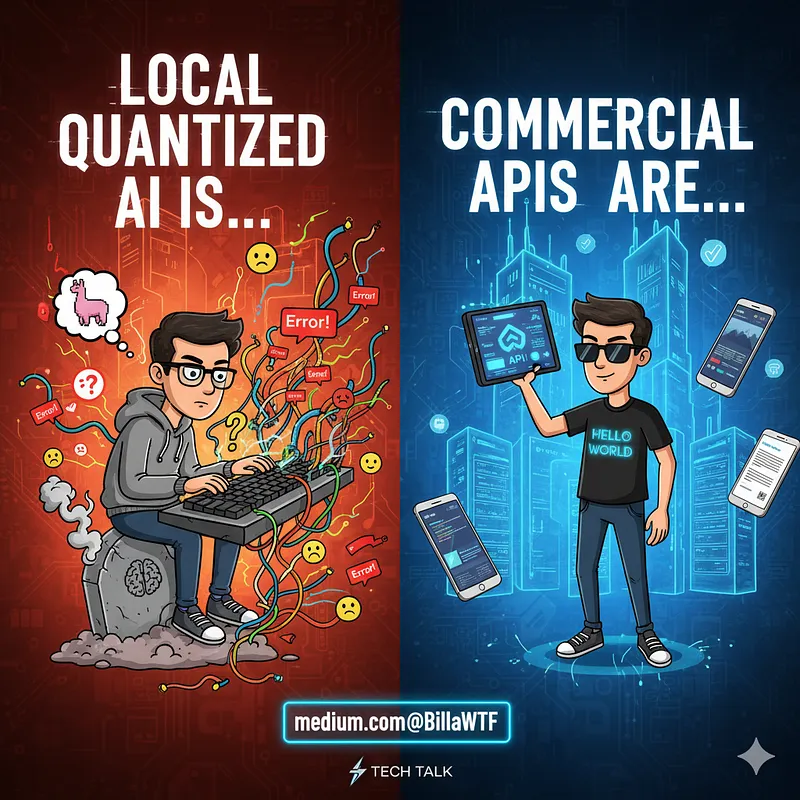 Split illustration contrasting local quantized AI, drawn as a developer buried in error messages, with commercial APIs, drawn as a developer confidently holding a working app.